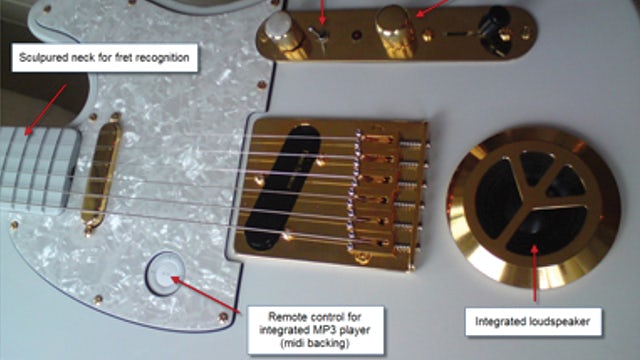 A guitar with an integrated MP3 player, preamplifier, amplifier and loudspeaker for playback, designed and produced by IPM students using NX.