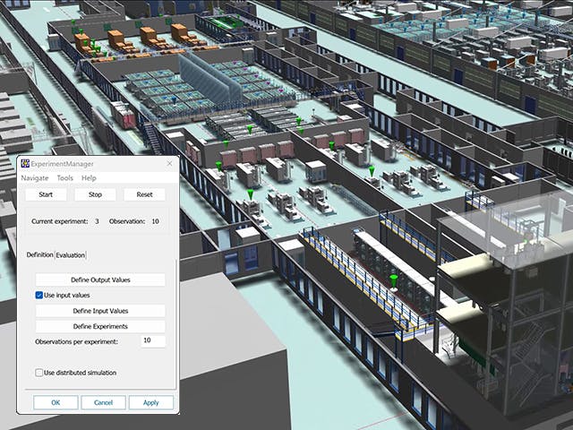 Battery production 3D simulation model shown in Tecnomatix Plant Simulation Runtime software.