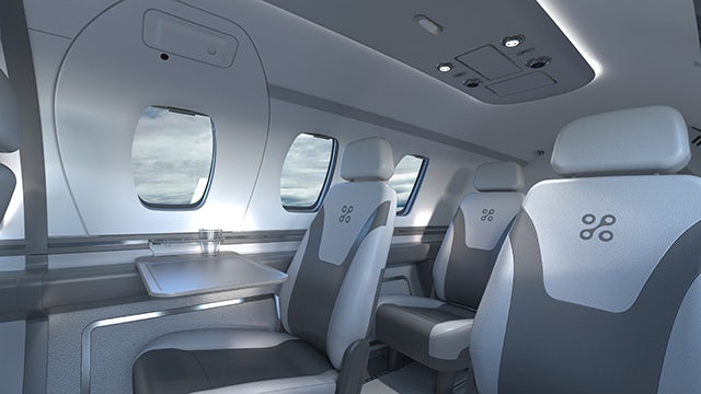 The interior of a private jet airplane