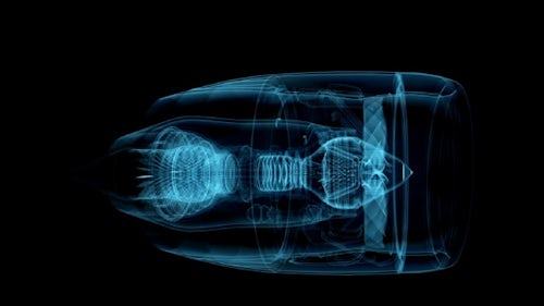 Visual representation of the jet engine digital twin in blue with a black background 