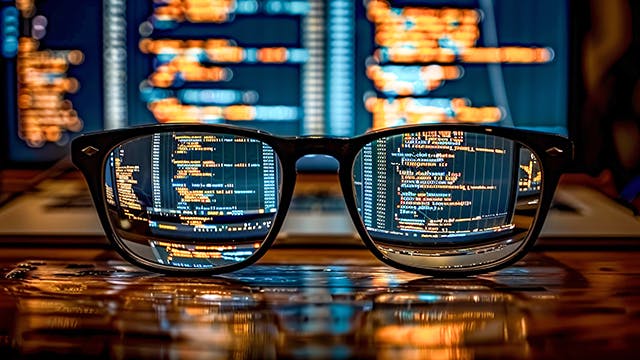 glasses reflecting computer screen with lines of programming code