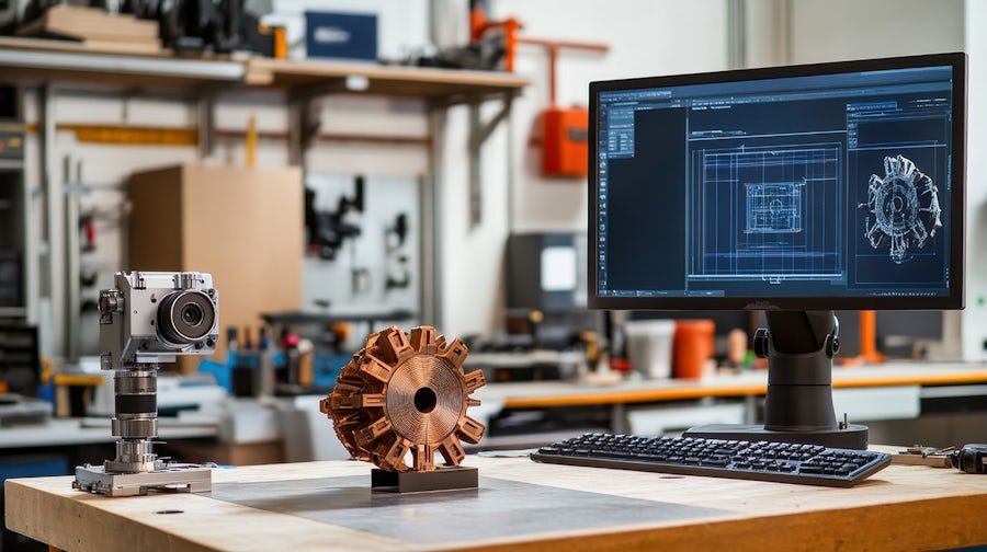 Realistic photo of a reverse engineering setup in a workshop. The scene includes a high-resolution 3D scanner positioned in front of a mechanical part, capturing its intricate details