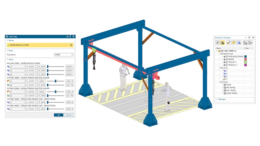 3D model of a rail-based torque tool system in Line Designer X showcasing built-in kinematics functionality. The image includes the Kinematics Navigator and Joint Jog panels, demonstrating how users define rigid groups, driver joints, and poses for realistic motion simulation. 