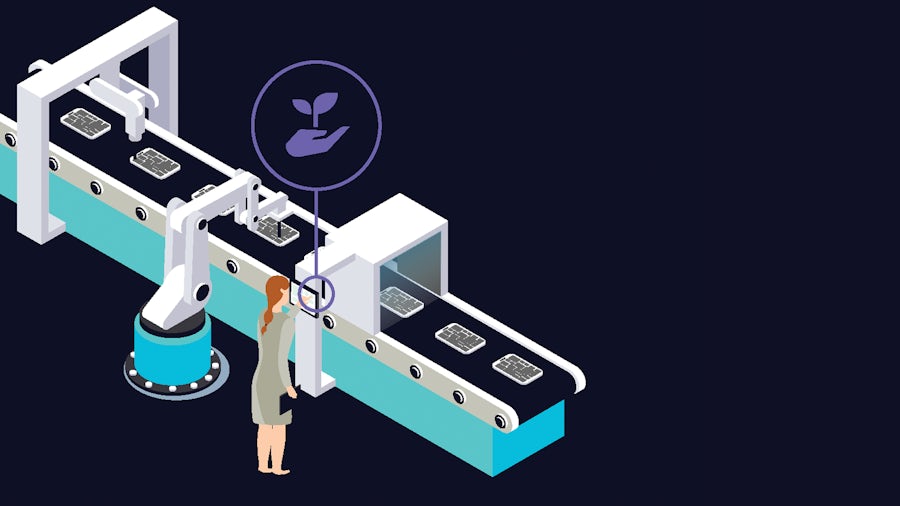A graphic of a woman inspecting product quality on a production line.