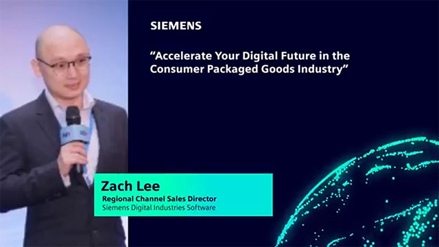 Zach Lee, Regional Channel Sales Director, next to the phrase, "Accelerate your digital future in the consumer packaged goods industry"