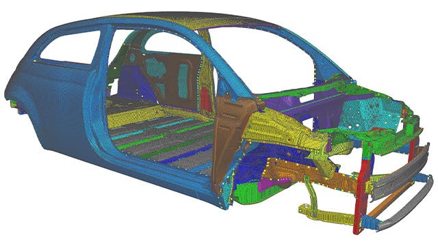 3D model of a car frame with heat mapping visual from Simcenter 3D software.