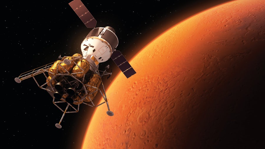 A space shuttle travels through space with the red surface of planet Mars is seen in the background