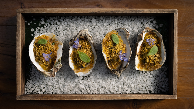 Grilled oysters with fried garlic on sea salt stock.