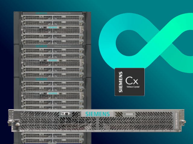 Collection of Veloce Strato CS blade, Veloce Strato CS rack, and the Siemens Crystal X chip.