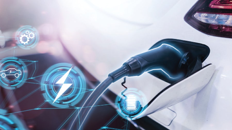 Image of a plug-in electric vehicle on a fast charger with a vector overlay representing other electric vehicle E/E systems.