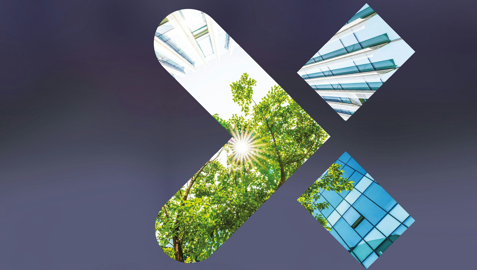 The Siemens “X” logo with a view of buildings, trees and the sun.