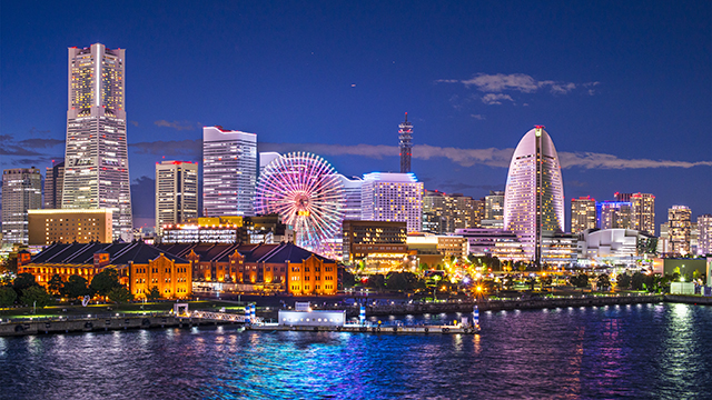 Aerial view at Minato Mirai waterfront district in Yokohama, Japan.