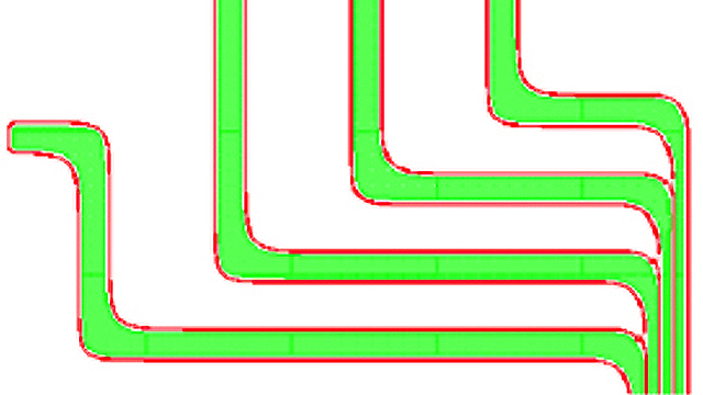 Curvilinear SRAF (Red) insertion on a layer with Silicon Photonics Design (Green represents the main feature)