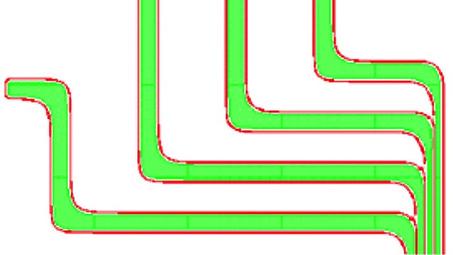 Curvilinear SRAF (Red) insertion on a layer with Silicon Photonics Design (Green represents the main feature)