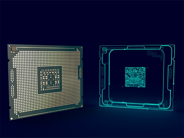 A Siemens digital twin rendering showing a physical CPU chip on the left and its transparent digital twin on the right, set against a dark blue background.