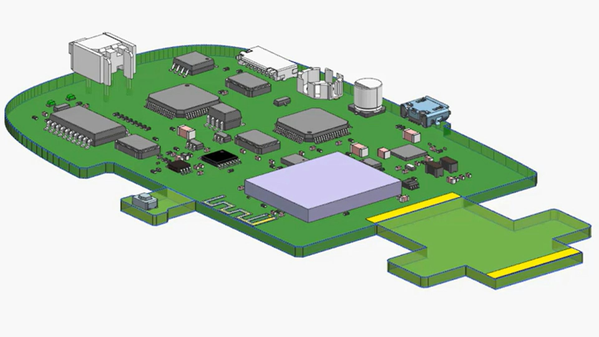 A circuit board designed in NX CAD.