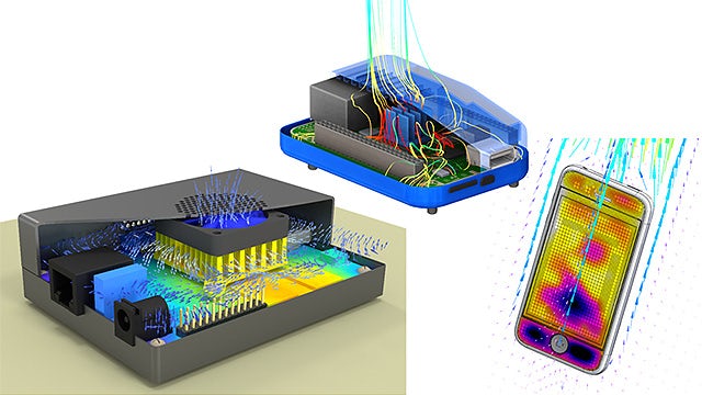 An electronics cooling simulation and thermal streamlines visual from the Simcenter software.