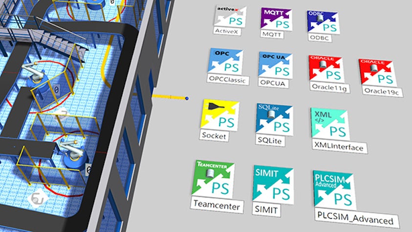 Model model symulacji 3D zakładu produkcyjnego w oprogramowaniu Plant Simulation wyświetlany obok ikon interfejsów oprogramowania.