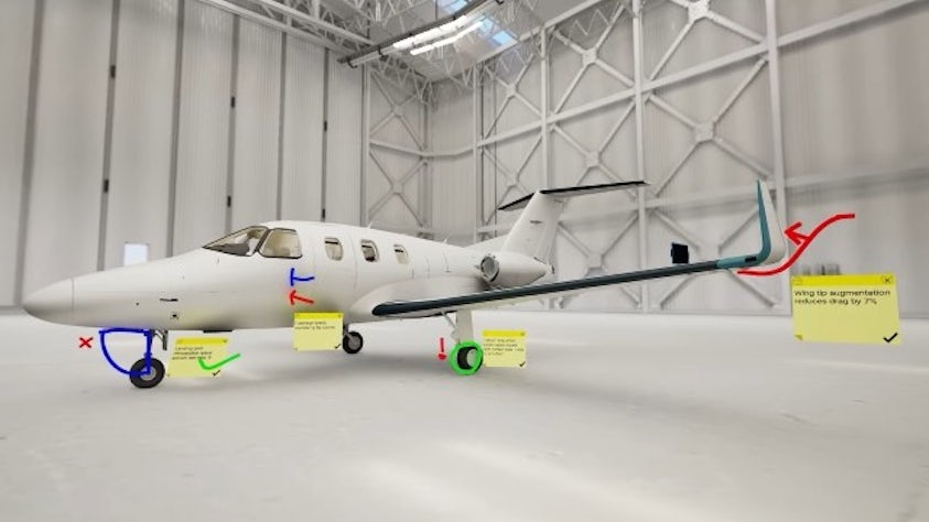 A plane design in NX Immersive Explorer in an immersive hangar environment. There are drawings and sticky notes with design review suggestions.