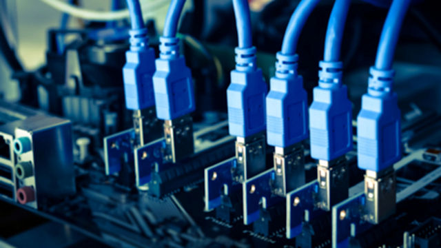 Multiple PCIe computer connectors.