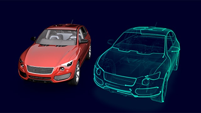 A red car and its digital twin, outlined in green