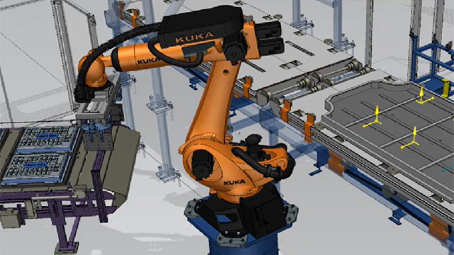 An orange KUKA robot working on a line.