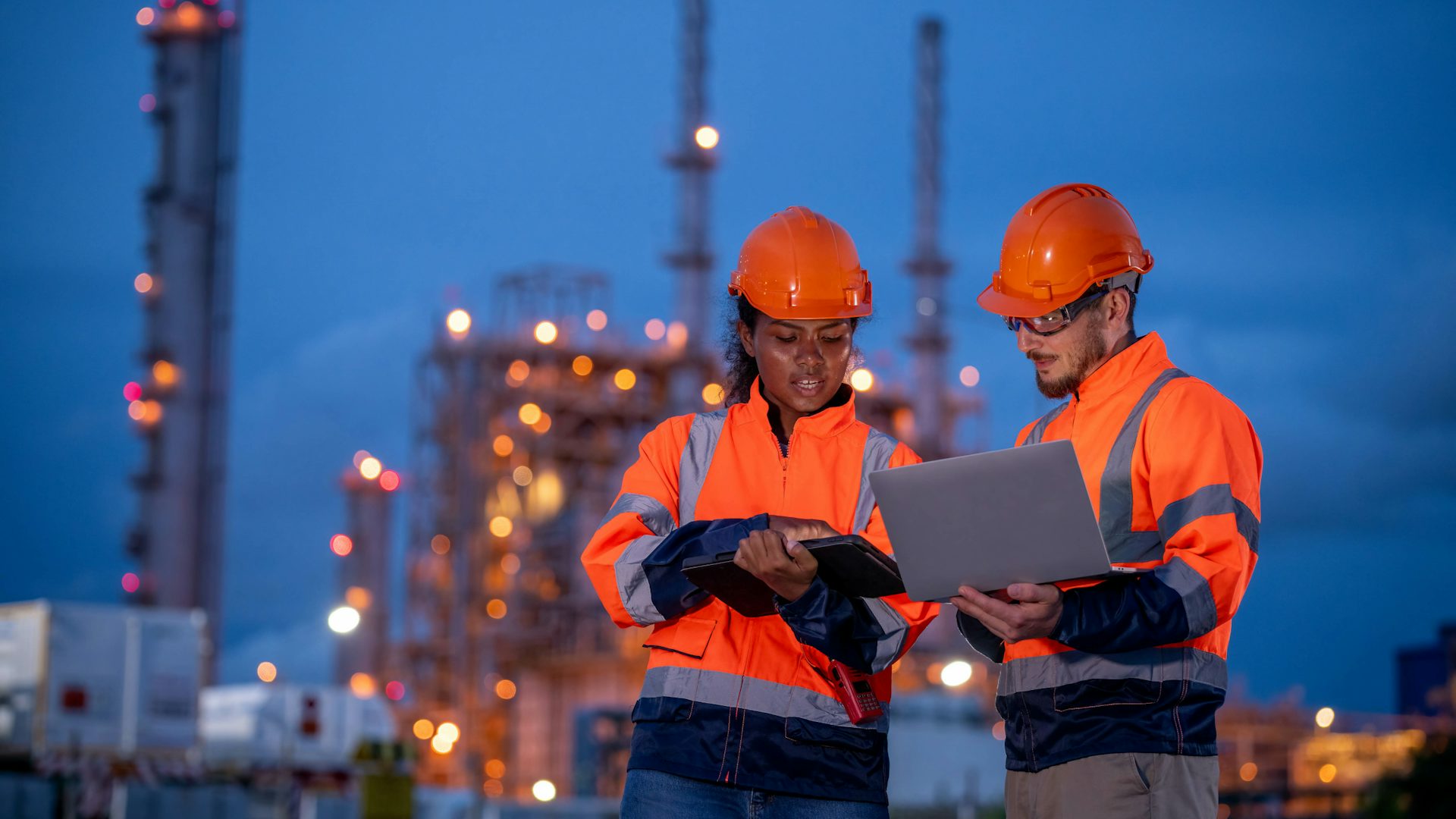 Due ingegneri in uno stabilimento che lavorano alla gestione delle risorse.