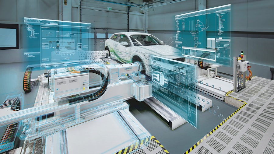 A cutting edge electric vehicle is worked on with software visual overlays to convey the complexity of creating software defined vehicles.