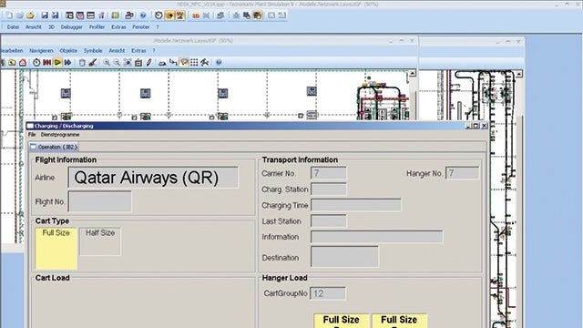 User terminal screen and model created using Plant Simulation during the virtual commissioning of the NDIA project.