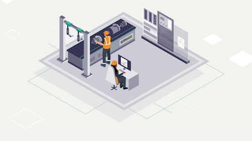 Ilustración de dos ingenieros trabajando en una fábrica. Uno trabaja en un ordenador con un sistema de ejecución de fabricación y el otro en la cadena de producción.
