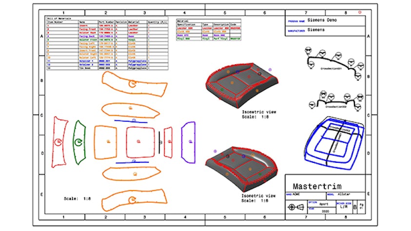 This image is an example engineering drawing that can be automatically generated from Mastertrim with full associativity to the original 3D definition.  Additional documents that can be generated include cost data, BOMs, cross section drawings and data files for direct export to cutting machines. This saves engineers a tremendous amount of time and reduces errors.