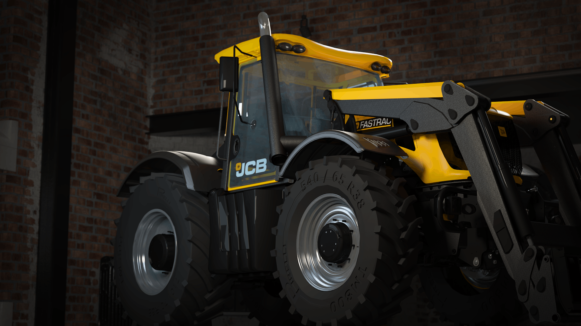 An HD 3D immersive rendering of a black and yellow JCB tractor with forklift arms attached.