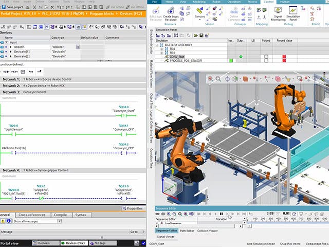 Image displaying PLC program code on the left and Process Simulate 3D robotic workcell simulation model on the right, used for virtual commissioning.