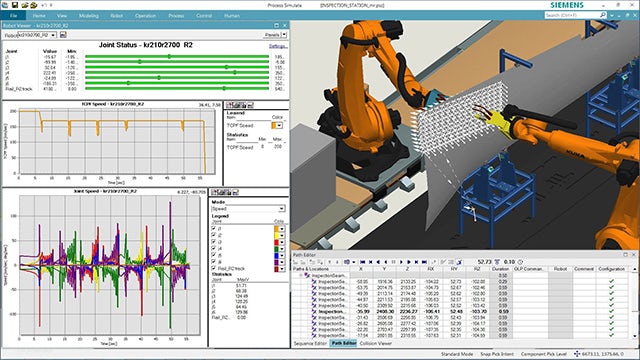 Robotic path planning with Tecnomatix Process Simulate software showing 3D simulation model, path location and motion details, joint status and joint speed.