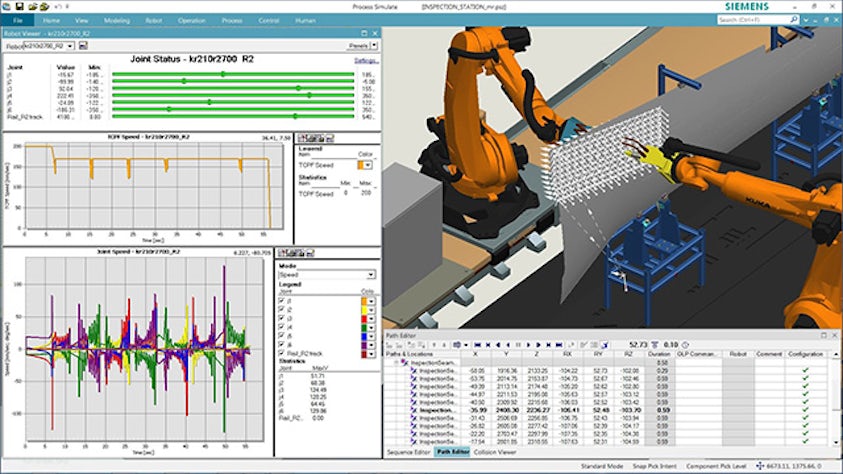 Plánování dráhy robota pomocí softwaru Tecnomatix Process Simulate zobrazující 3D simulační model, polohu dráhy a podrobnosti o pohybu, stav kloubů a rychlost kloubů.