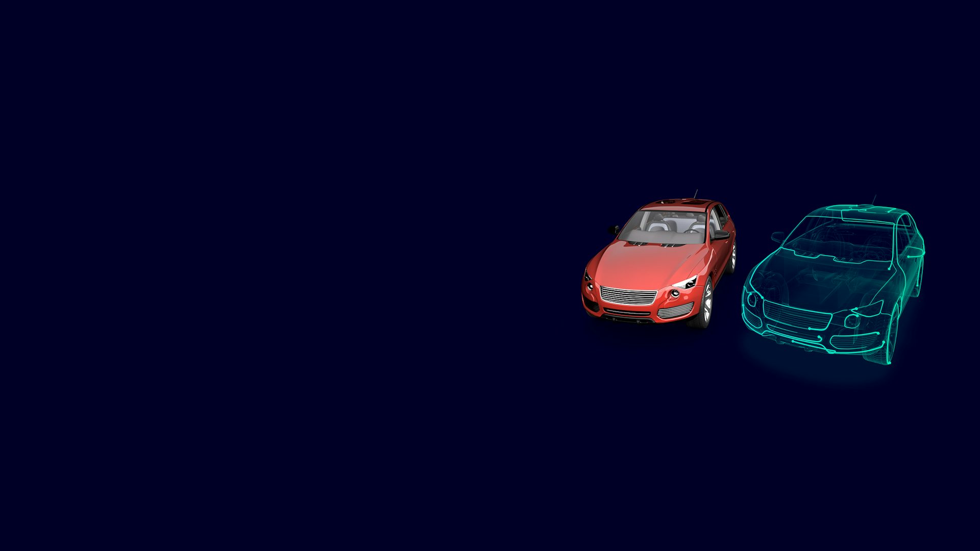 A Siemens digital twin rendering showing a red physical car on the left and a transparent digital model of the same car on the right, set against a dark blue background.