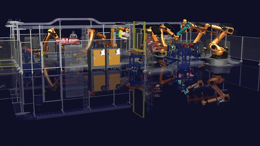 Un digital twin completo di una linea di produzione che include persone e macchine che lavorano insieme.