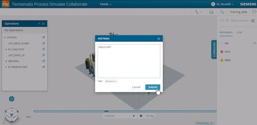 Raccolta di feedback sul modello di simulazione 3D utilizzando il software basato su cloud Tecnomatix Process Simulate Collaborate.