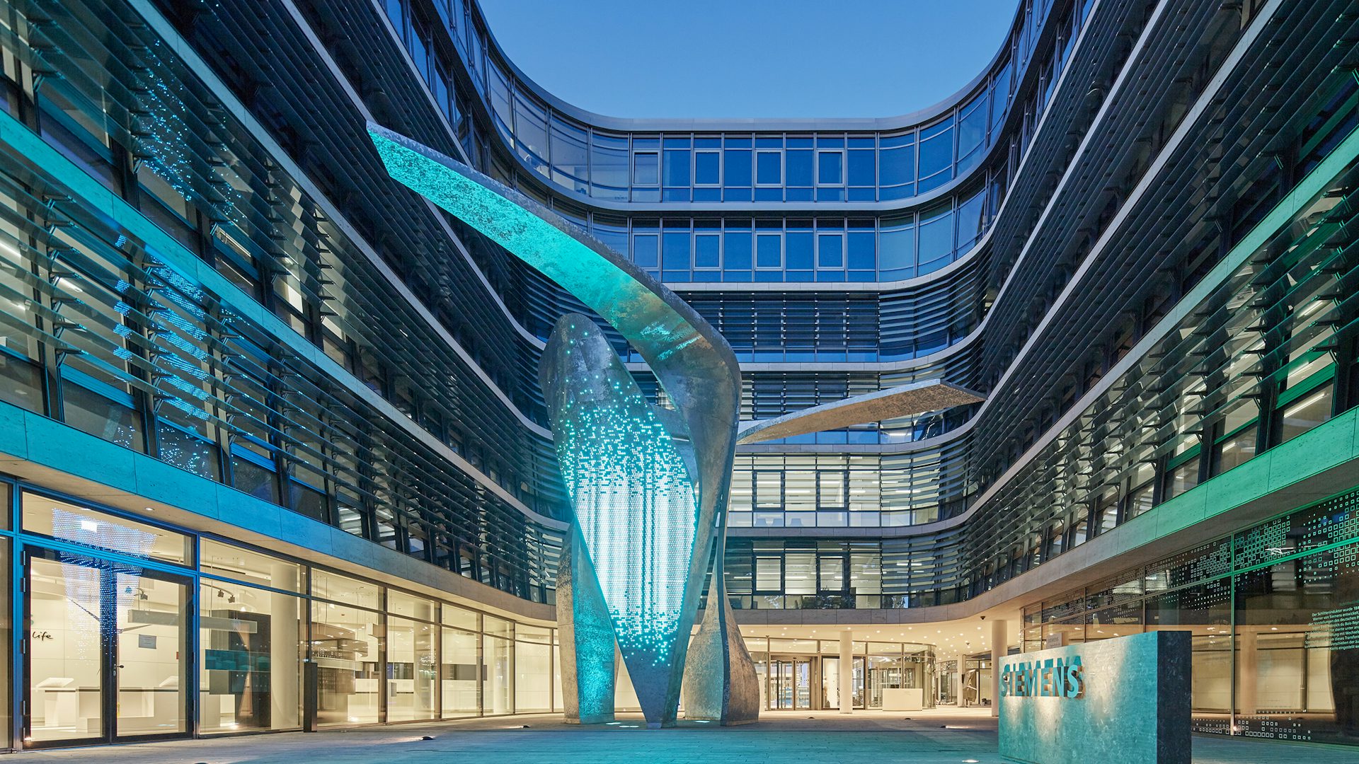 Siemens headquarters in Munich, Germany showcasing "The Wings" a sculpture and light installation by Studio Libeskind.