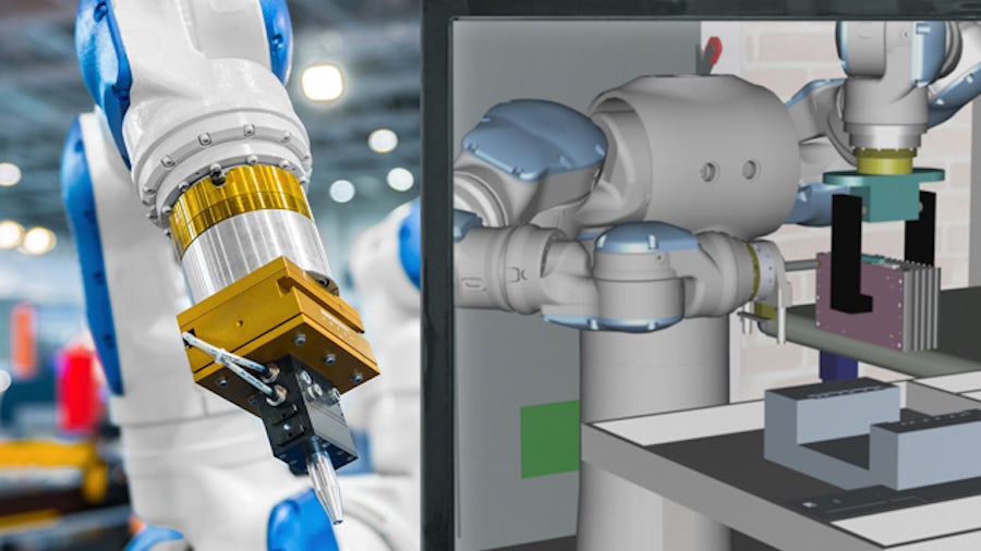 A comprehensive digital twin simulating an automated assembly robot used in industrial manufacturing. 