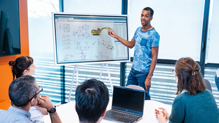 Heavy equipment simulation engineers talking about software