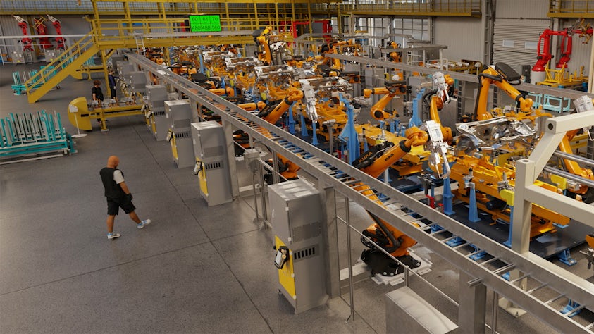 Photorealistic image rendering of a virtual automobile body assembly line created using Siemens and NVIDIA software technology.