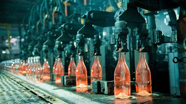 Freshly molded from molten glass, bottles are dropping onto the production line.