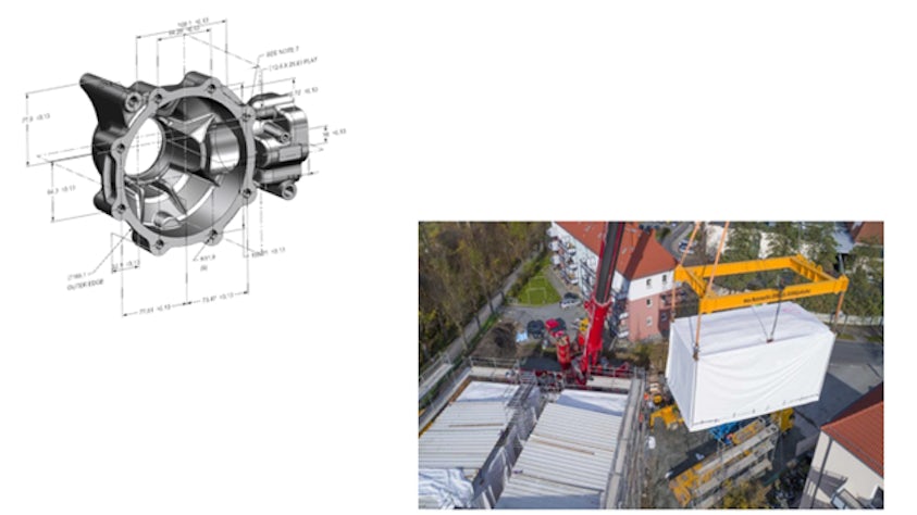 A 3D defined model on the left and a building being built with a crane on the right.