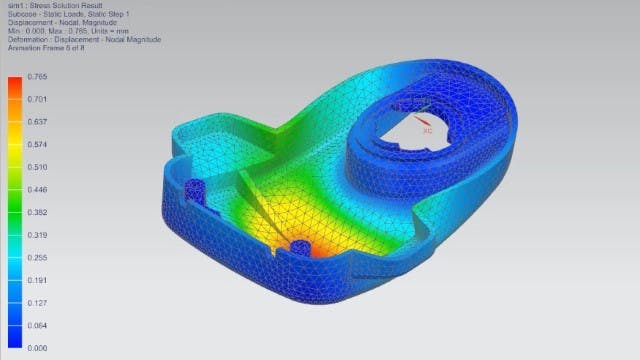 Resultado de una solución de tensión para un diseño de cubierta de moldura de un asistente de tensión en NX CAD. Los colores del análisis estructural varían en un "mapa de calor" de rojo a azul.