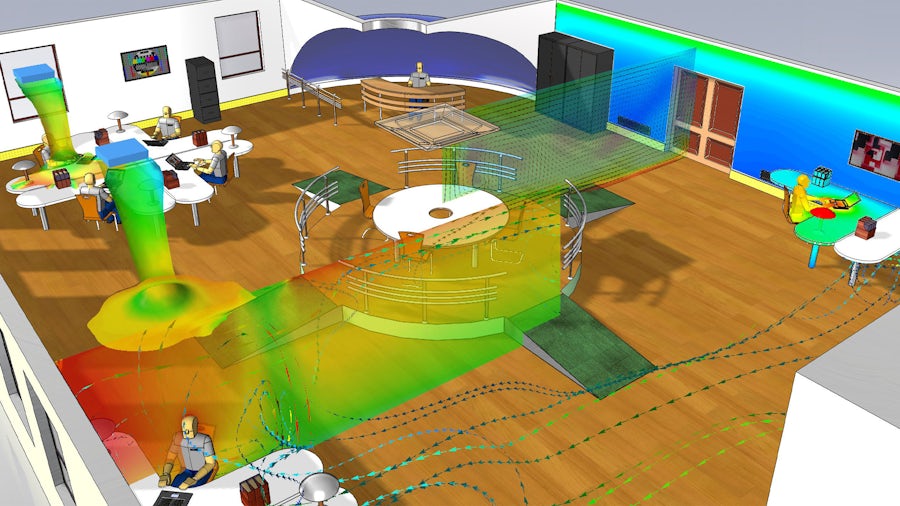 An HVAC simulation of airflow moving in an office building.
