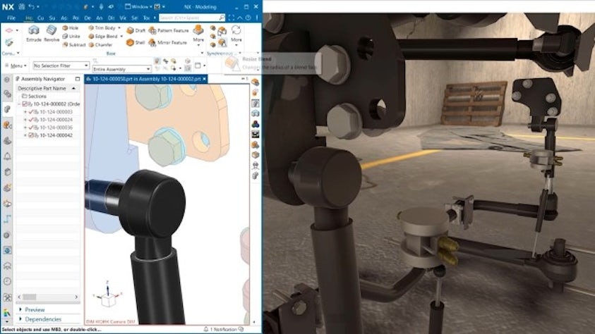 Editing an NX CAD design in the left window and viewing a realistic rendering updating in real-time on NX Immersive Explorer for desktop on the right window.