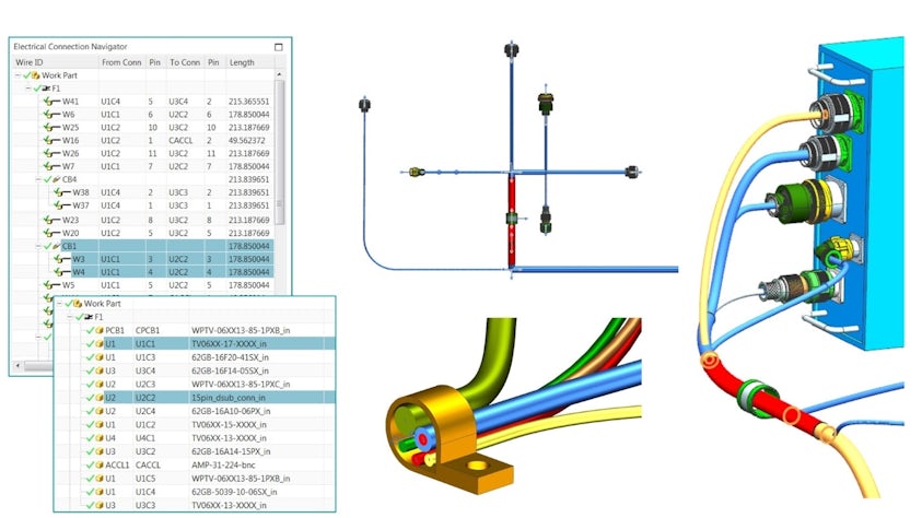 Window showing UI of Electrical Connection Navigator and flattened wire harness and physical layout, demonstrating the bi-directional exchange of logical and topology data with ECAD systems