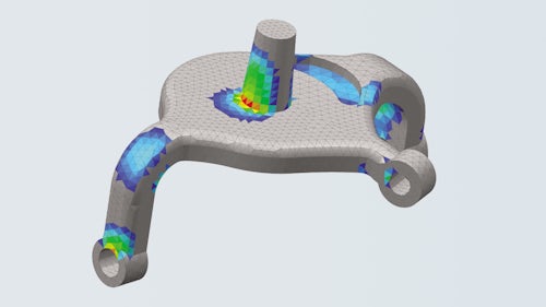Computer image of steering knuckle showing durability simulation results.