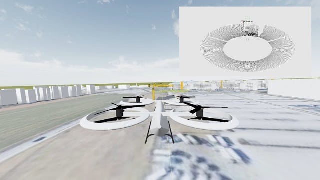 A rendering of a quadcopter amid a cityscape represents a digital twin approach for urban air mobility 